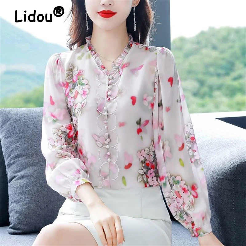 Women Vintage Floral Print Ruffled Button Shirts Korean Fashion Elegant Chic Chiffon Blouse Casual V Neck Long Sleeve Loose Tops