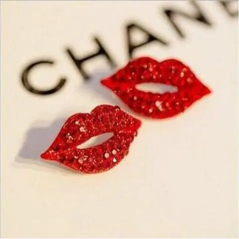 Hot Sale New 1 Pair Elegant Sexy Red Lips Crystal Stud Earrings Women's Sparkling Earrings For Women Girls Fashion Jewelry