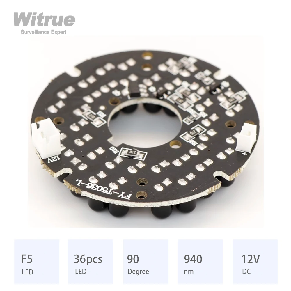 Witrue IR LED Board 36 Grain 940nm 90 Degree Diameter 53MM DC 12V 0.25A CCTV Accessories for 2.8MM 3.6MM 4MM 6MMLens