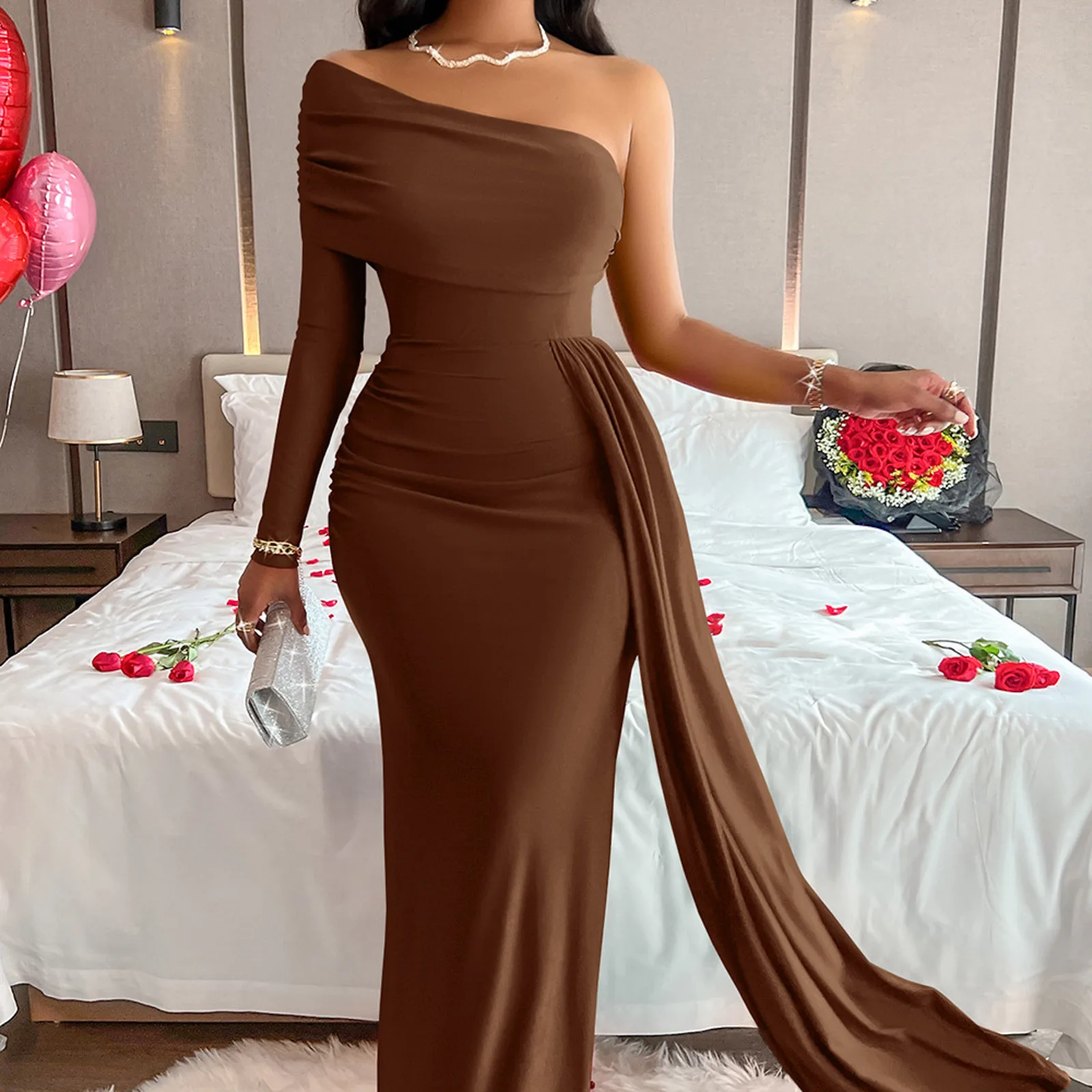 فستان سهرة رسمي بكتف واحد للنساء بشريط أنيق لحفلات الزفاف فستان ماكسي للضيوف ملابس نسائية بلاكلي نسائي 2025