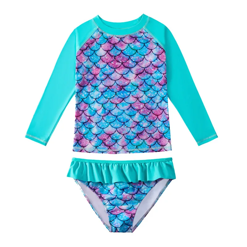 Kids Girls Swimwear Beachwear Long Sleeves Two-piece Mermaid Fish Scale Printed Leotard Swimsuit Children Swimming Bathing Suit