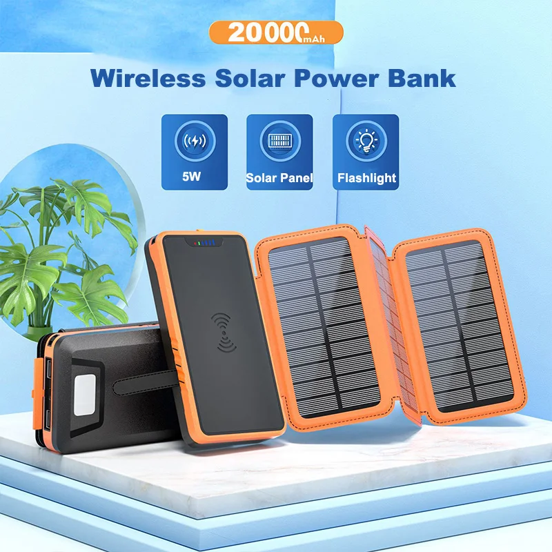 

20000mAh Wireless Solar Power Bank Portable Solar Panel Fast Charger Powerbank for iPhone Samsung Huawei Xiaomi Outdoor Camping