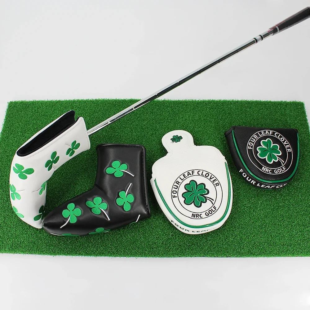 Good Luck Four Leaf Clover Golf Putter Cover For Mallet Blade Club Waterproof PU Leather Golf Head Cover White Black Protector