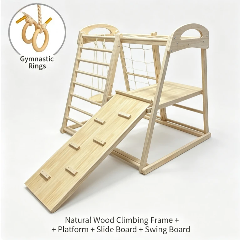 Compact Wooden Kids Slide Swing Ring Gym Indoor Mini Play Structure Easy Assembly Safety Guardrail for 1-4 Year Old Home Gift