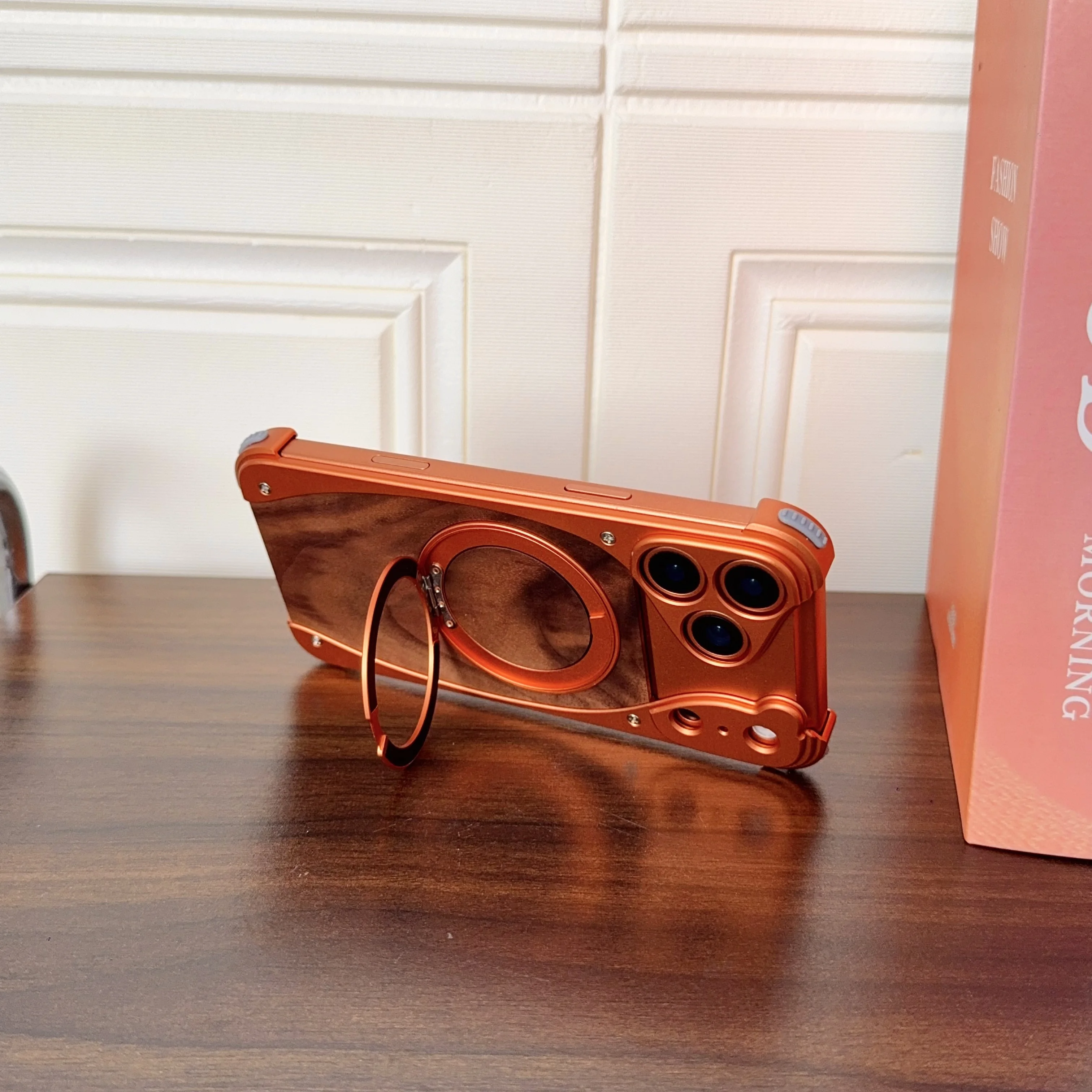 Luxury Metal Frame Walnut Wood Frameless Phone Case For iPhone 18 17 16 15 14 Pro Max Magsafe Magnetic Rotating Bracket Cover