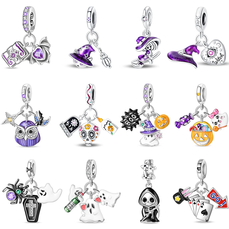 Original Halloween Jewelry 100% 925 Sterling Silver Glow In The Dark Skull Pumpkin Elves Bat Owl Charms Beads Fit DIY Bracelets