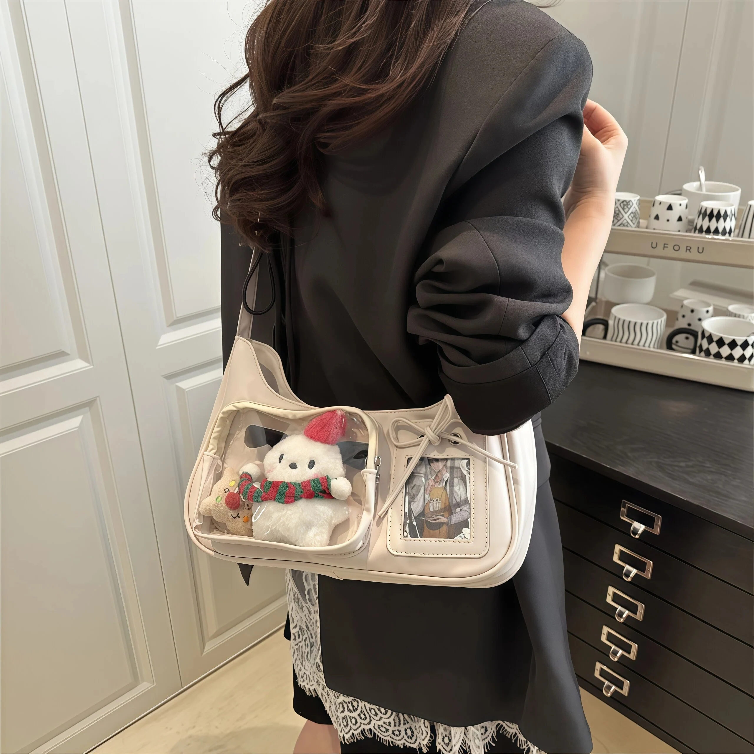 INS Style Girl Itabag Large Capacity Transparent Patchwork Shoulder Bag Kpop Display Photo Pin Badge Casual Women Crossbody Bag