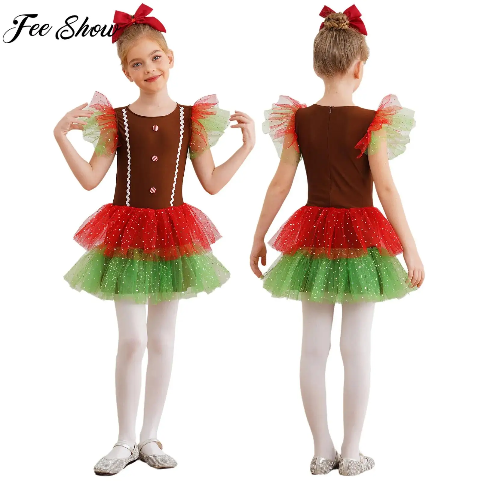 Girls Christmas Party Gingerbread Cookie Man Cosplay Costume Flying Sleeve Leotard Tutu Dress for Ballet Dance Figure Skating