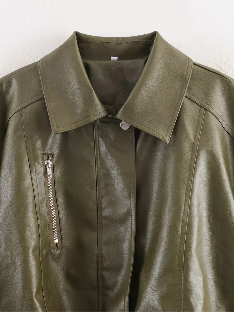 Chaqueta de cuero de imitación de PU de manga larga con solapa informal holgada y versátil a la moda para mujer de estilo europeo