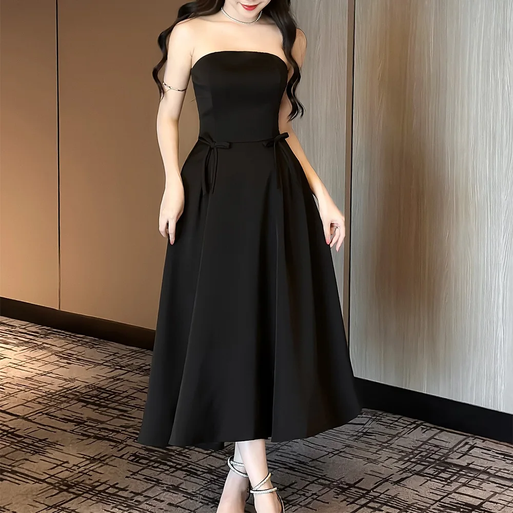 

Black Party Dresses Midi Strapless A Line Bows Tea Length Short Formal Gowns for Women 2024 Sleeveless Princess Homecoming Dress