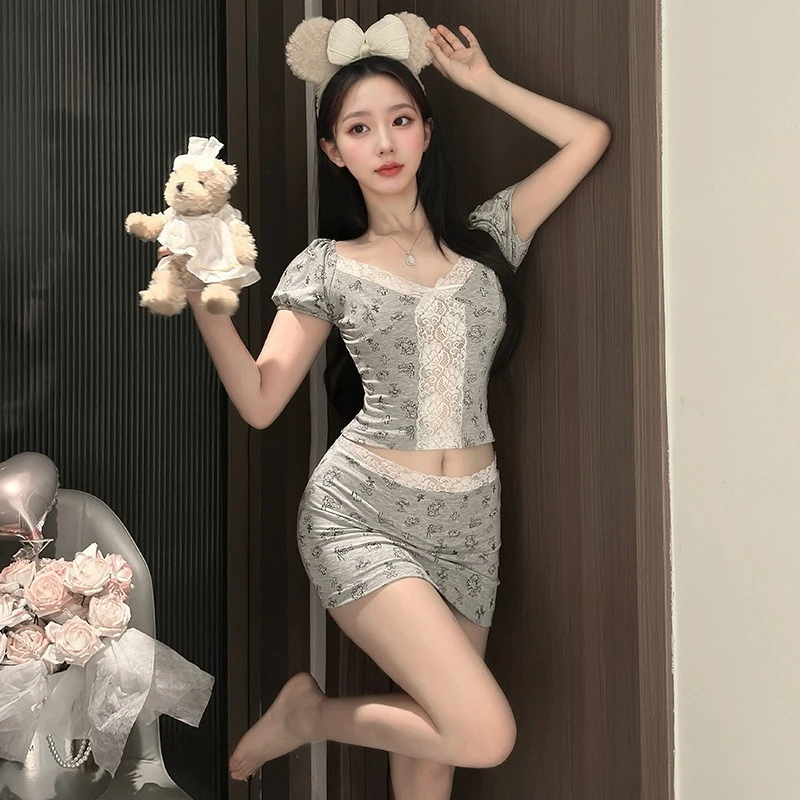 

Женский топ Pure Desire с милым кружевом и принтом, топ с короткими рукавами и запахом на бедрах, экзотический комплект, домашний пижамный костюм «Маленький медвежонок»