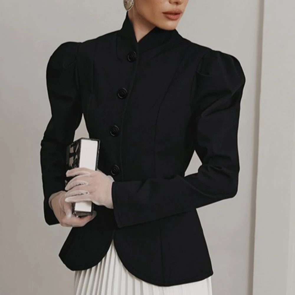 TWOTWINSTYLE French Elegant Retro Black Blazer for Women Stand Collar Puff Sleeve Slimming Commuter Coats Female Winter Clothing