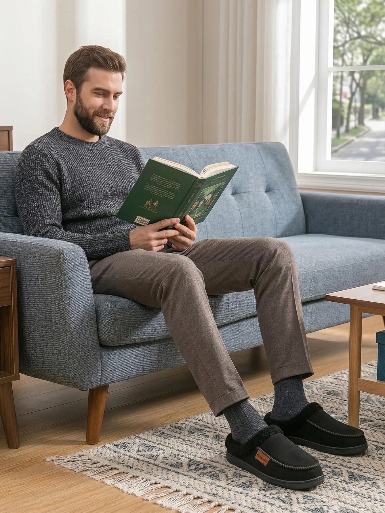 Winter Neue Herren-Hausschuhe aus Imitat-Hirschleder mit TPR-Sohle, warm und bequem, ideal für den Innenbereich, rutschfest