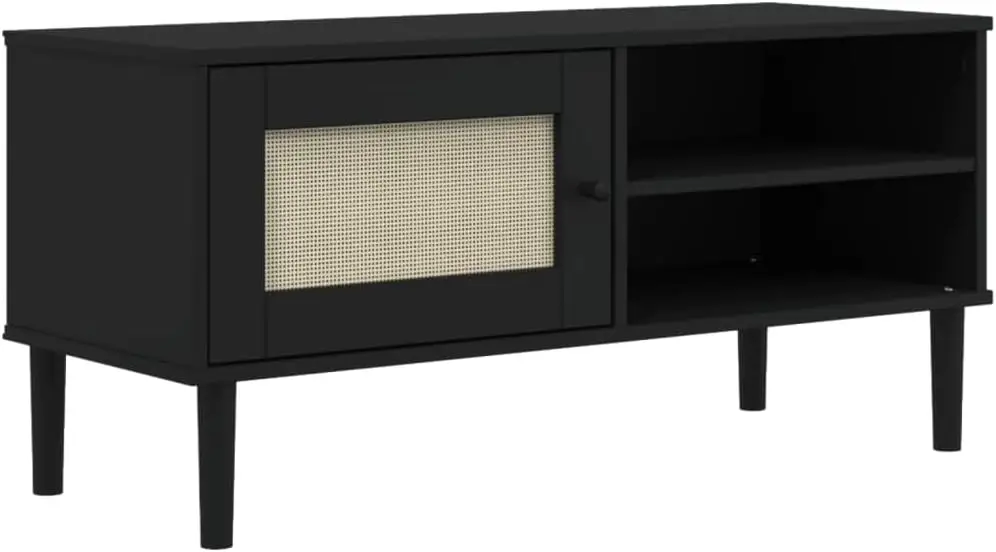 

Подставка для телевизора Senja Rattan Look — черная, массив сосны, достатое место для хранения с отделениями и дверью, я для гостиной или