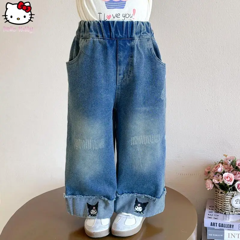 

Kawaii Sanrio Girls' Jeans Kuromi Spring and Autumn New Collection Kids Fashion Cartoon Anime Casual Outerwear Wide Leg Pants