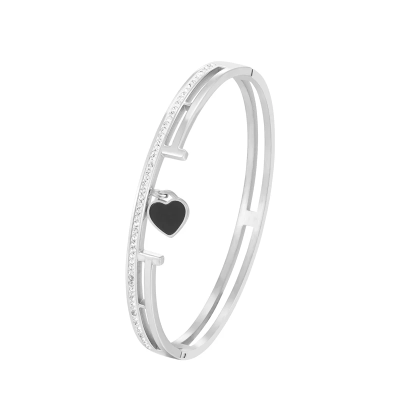 High Quality Crystal T Black Heart Pendant Unique Design  Stainless Steel Bracelet Lady Love Bangle Jewelry Gifts Wholesale