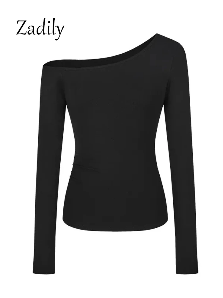 Sexy Skew Collar Women T Shirt 2025 Spring New Korea Style Long Sleeve Solid Color Women's Top Tee Casual Bottoming Clothing