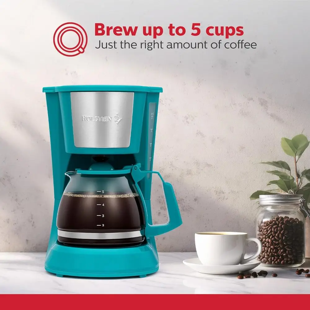 Compact Drip Coffee Maker with Auto Pause, Reusable Filter, and Glass Carafe, Ideal for Home and Dorm, Teal