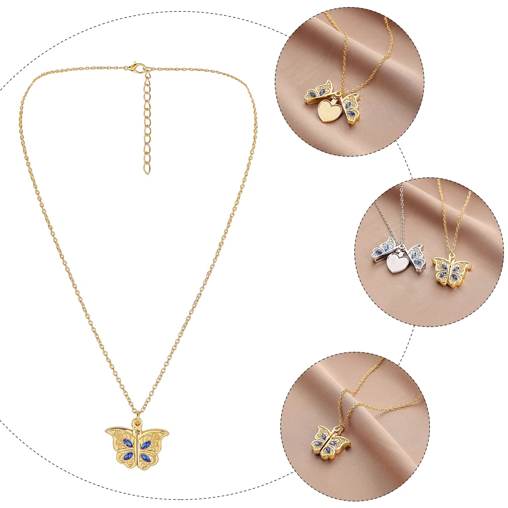 

Photo Box Necklace Keepsake Memorial Pendant Crystal Chain Openable Golden Alloy 3D Butterfly Photo Storage Jewelry Gift Idea