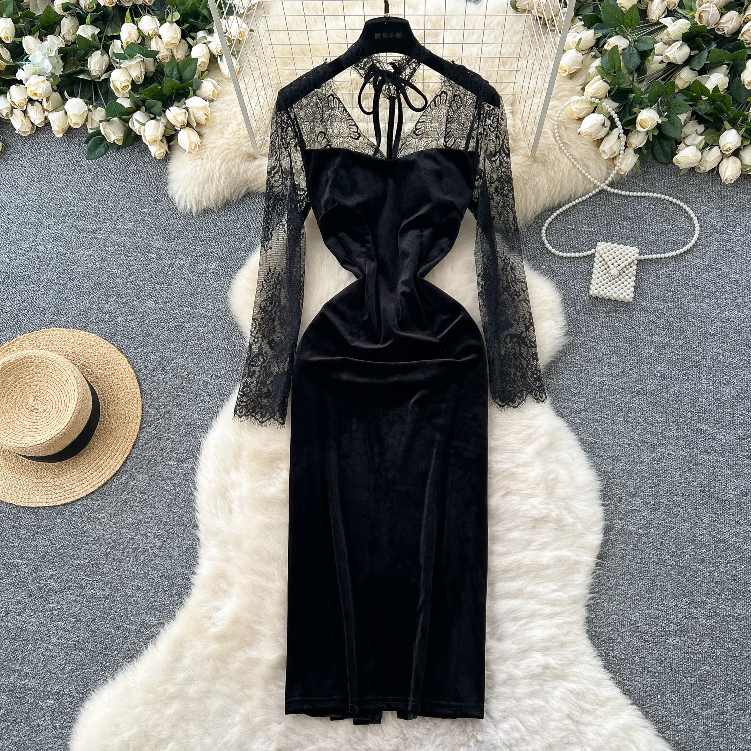 Elegant Long Sleeve Sexy V-neck Chic See Through Lace Spliced Velour Split Slim Dress Evening High Street Autumn Winter Clothing