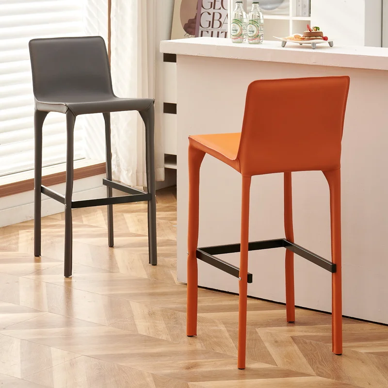 Nordic Simple Bar Stool Saddle Leather Modern Luxury Hard Leather Counter Chair for Home