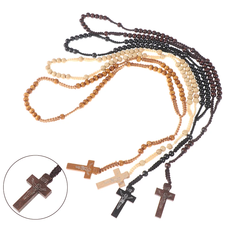 Christ Jesus Wooden Beads 8mm Rosary Bead Cross Pendant Woven Rope Chain Necklace Religious Orthodox Praying Jewelry Chain Decor