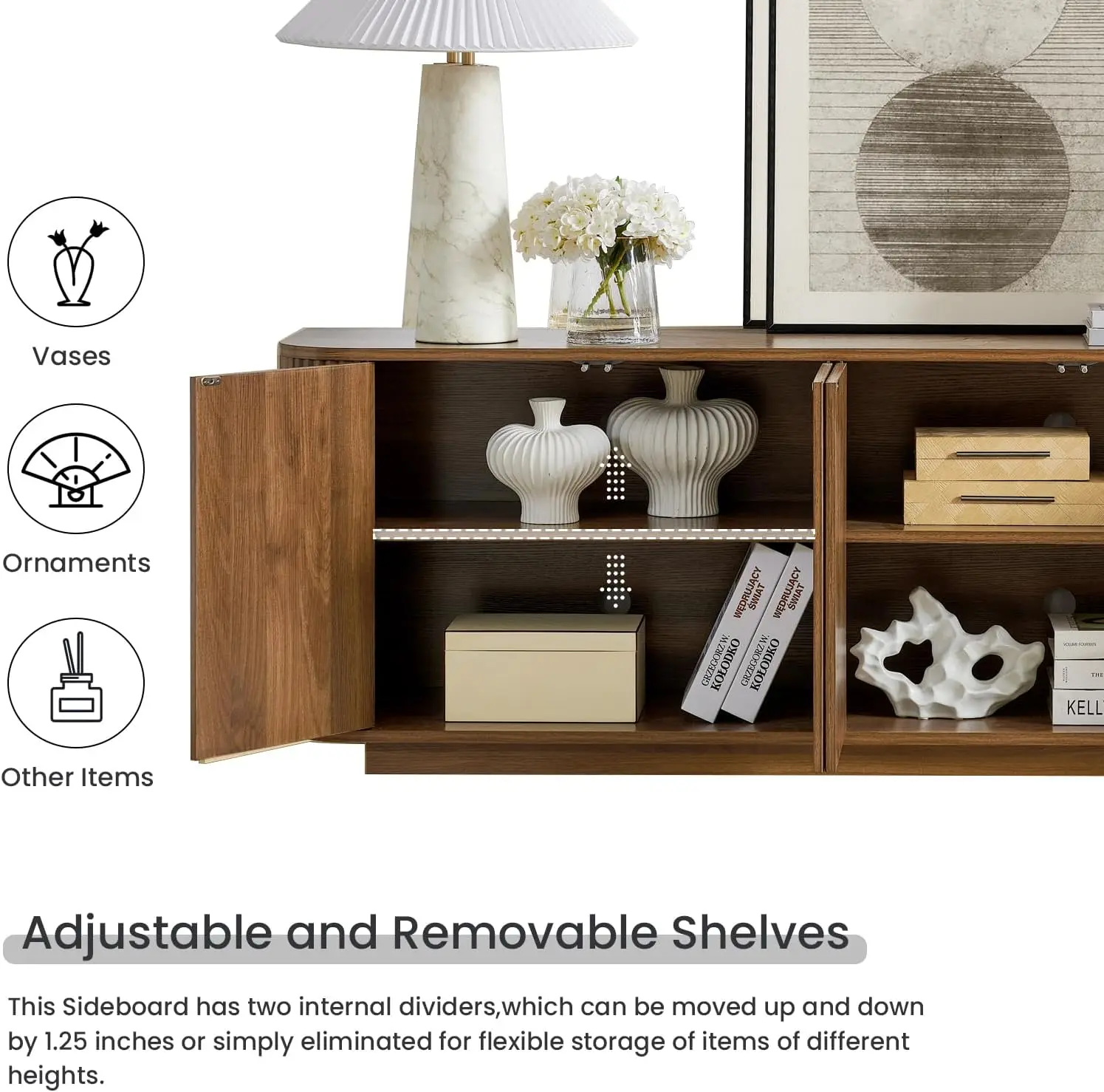 Buffet credenza in noce da 64' con ripiani regolabili, armadio portaoggetti scanalato per cucina soggiorno