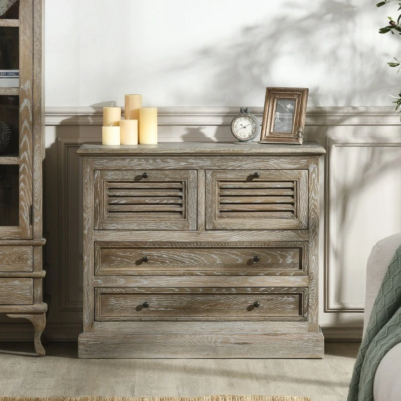 American rural white oak solid wood dining side cabinet small apartment living room wall side cabinet French retro display cabin
