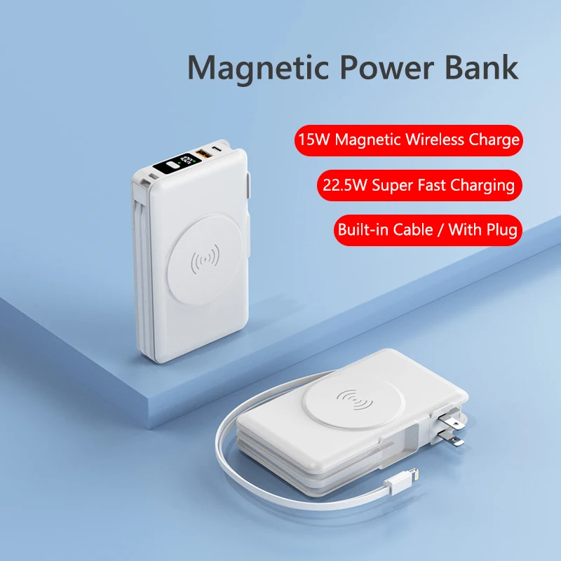 20000mAh Magnetic Power Bank with AC plug USB C Cable Portable External Battery Pack for iphone Samsung Huawei PD 20W Powerbank