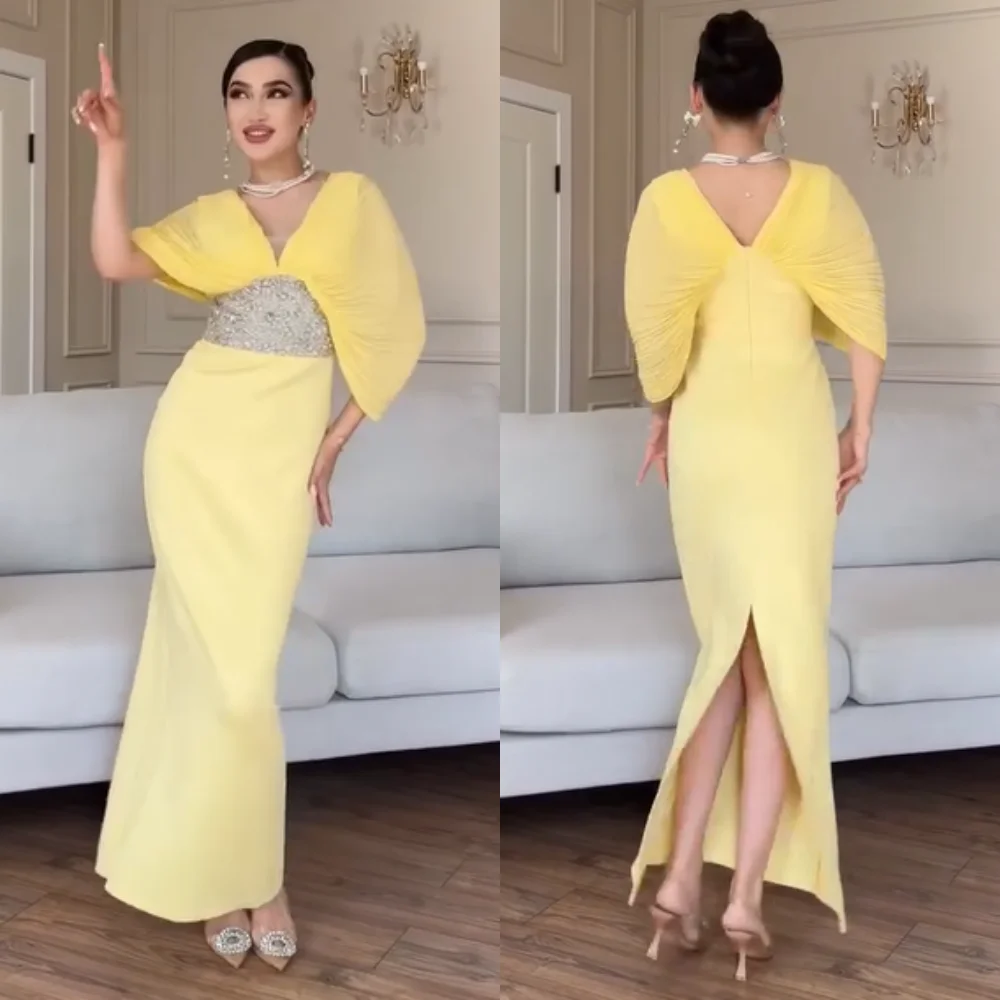 

Customized High Quality Jersey Pleat Sequined Straight V-neck Midi Dresses Bespoke Occasion Celebrity Formal Simple