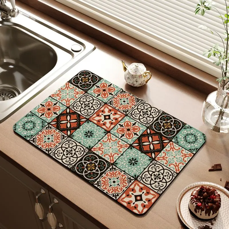VIKAMA Vintage Mosaic Tile Tableware Drain Mat Moroccan Floral Absorbent Quick Dry Countertop Mat Kitchen Sink Home Decor