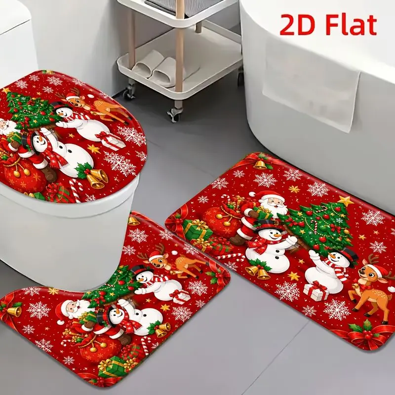 VIKAMA Santa Snowman Reindeer Christmas Tree Gift Bathroom Rug Set Toilet Lid Cover U Shape Bath Mat Non Slip Xmas Decor