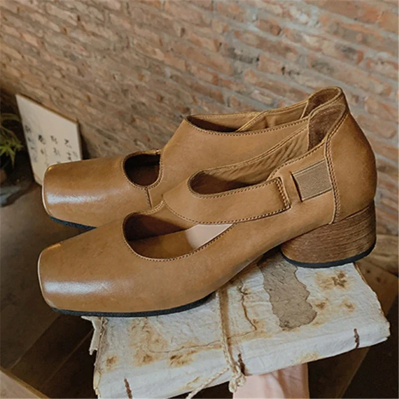 

Туфли Мэри Джейн в стиле ретро с квадратным носком, женские кожаные туфли на массивном каблуке с эластичной лентой, женские универсальные повседневные туфли-лодочки, элегантные