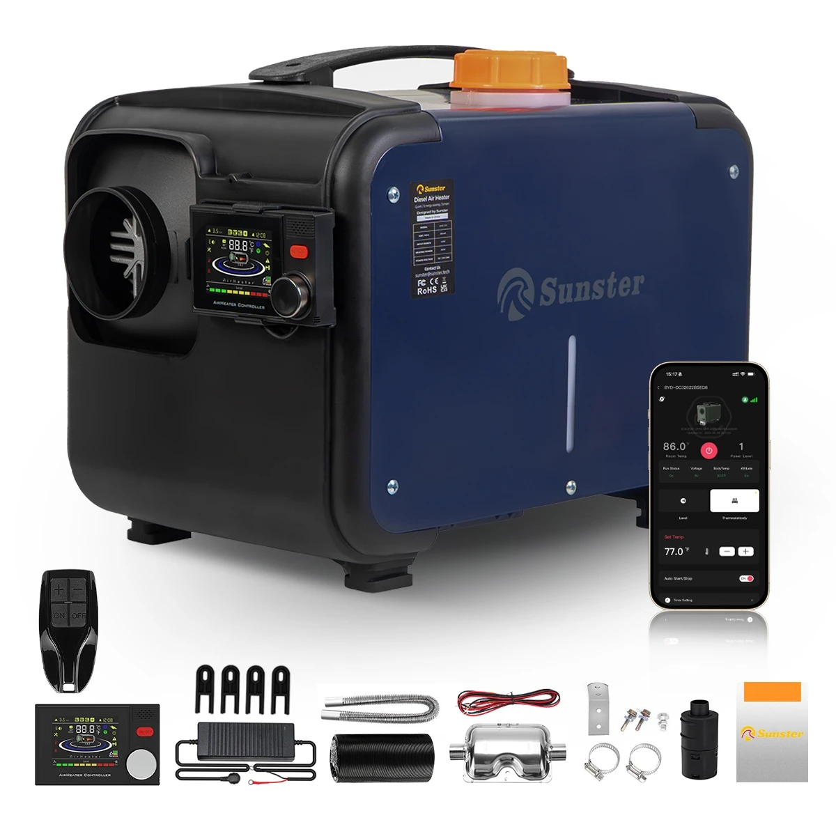 Chauffage d'air Diesel Portable Ultra silencieux, 8kw, 12V/24V/220V, avec application Bluetooth, chauffage automatique d'altitude pour voiture, camping-car, maison