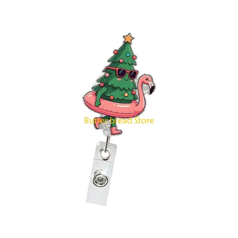 

W89C Christmas Badge Holder Sequins ABS Retractable Badge Holder with Metal Pocket Clip Keychain Accessory For Nurse Doctor