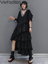 Vefadisa 2024 Summer Fashion Dress Black V-neck Loose Cake Skirt Asymmetric Personalized Trendy Girl Irregular Dress ZY748