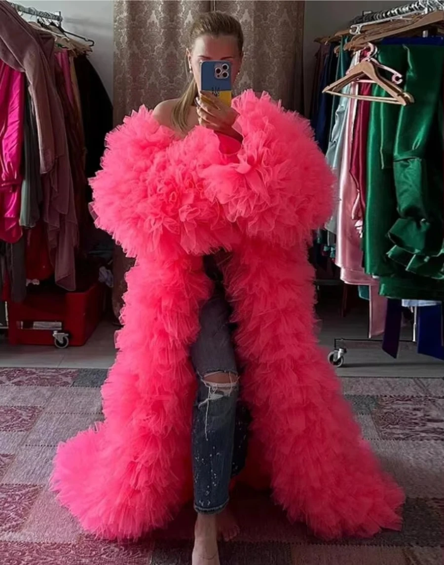 Gorgeous Photo Shooting Ruffle Cape Women Long Coat Long Sleeves Tulle Jacket with Train Extra Puffy Kimino Ruffled Dress Custom