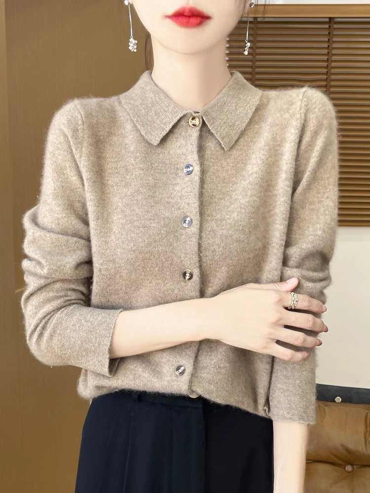 Women Cashmere Polo Collar Cardigan Autumn Winter Basics Sweater 100% Merino Wool Knitwear Female Grace Soft Clothes New Top