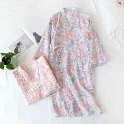 Kimono japonês primavera e verão novo estilo camisola senhoras 100% algodão manga de três quartos roupão serviço de casa feminino rosa