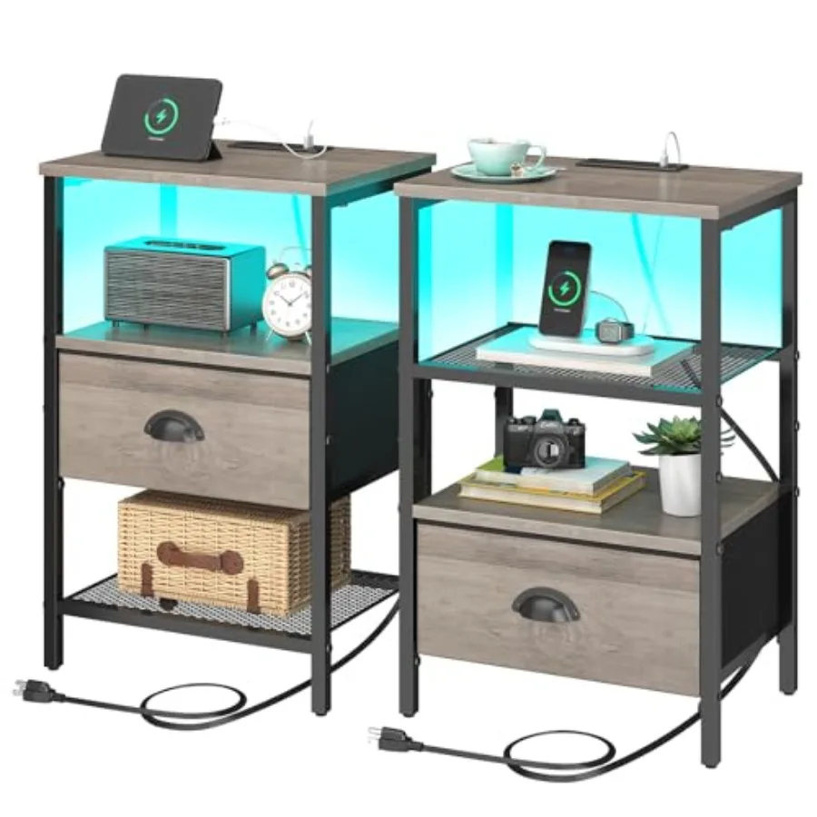 

Nightstands Set of 2 LED Night Stands with Charging Station and Fabric Drawer Bedside Tables with Drawers 2- Tier LED Side Tabl