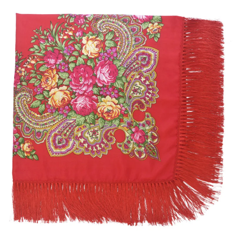 135*135cm Russian Style Square Scarf For Women Big Size Cotton Print Head Scarves Lades Fringed Headwraps Foulard National Scarf