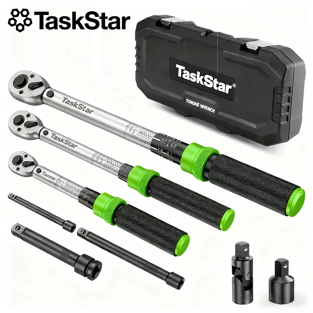 Image of TaskStar 1/4 Zoll 3/8 Zoll 1/2 Zoll Klick-Drehmomentschlüssel-Set, 8-teilig, multifunktional, ultrapräzise ±3 % Genauigkeit für Fahrrad-/Motorrad-/Autoreparaturen