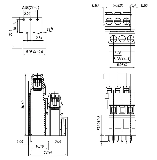 50/25PCS FET2.5-508-32A 5.08mm Spacing Screw Type Printed Circuit Board Terminal Strip Connector