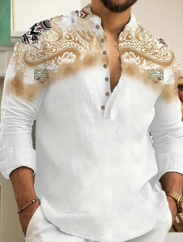 قميص كاجوال بأكمام طويلة وياقة هنري للرجال جديد بطباعة عرقية عالية الجودة يناسب كل يوم. #1