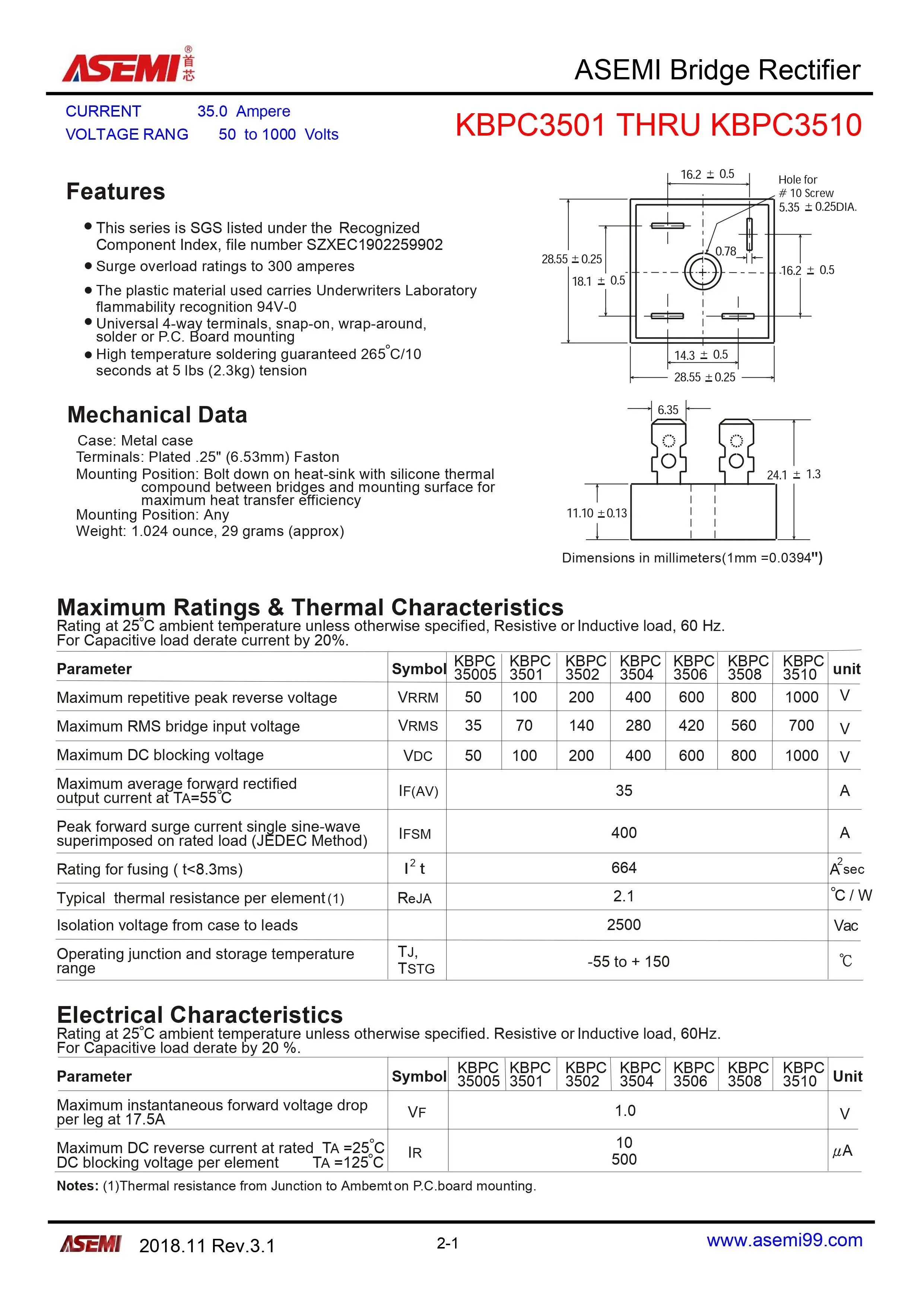 2PCS KBPC3504 Bridge Rectifier 35A 400V Brand New ASEMI