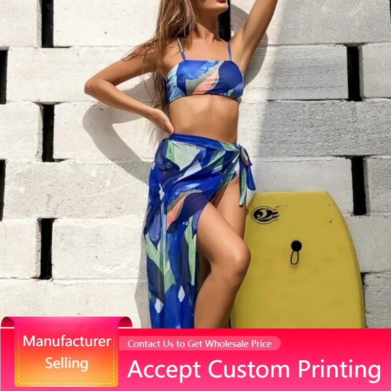 

Split Swimwear 3 Piece Bikini Suit Color Blocking Sexy Beach Cover Up Skirt High Waist Women Swimsuit Cover Up 2022 Summer New