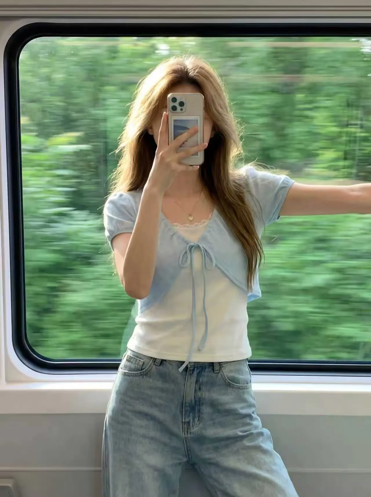 Korean Style Color Block Short Sleeve T-Shirt Women's Summer Sweet Small Size Slim Fit Short Length Top with Rope Detail