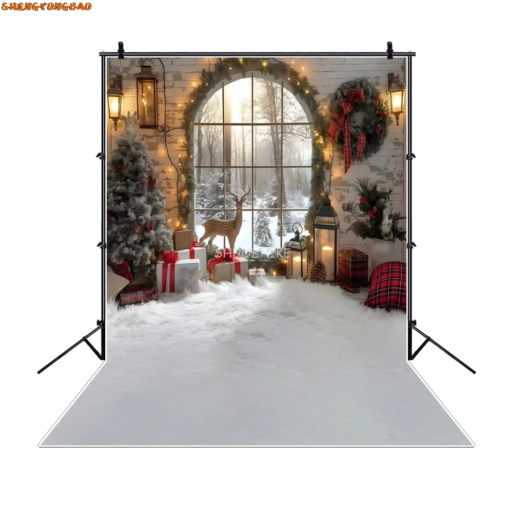 Merry Christmas Photography Background Xmas Tree Gift Arch Door Christmas Decorations Family Party Photo Backdrop Studio