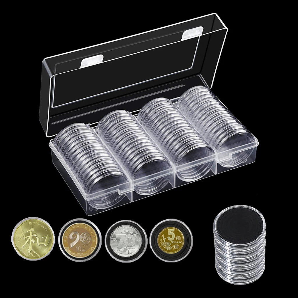 60Pcs Transparent Coin Capsules with Black Foam Gaskets and Organizer Box for 21mm/26mm/31mm/36mm/41mm Coins Collection Supplies