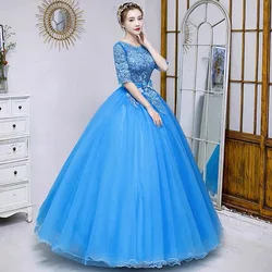 Customized Blue Ball Gown Women Evening Dresses Appliques Tulle Half Sleeves Prom Birthday Party Gowns Formal robes de soirée